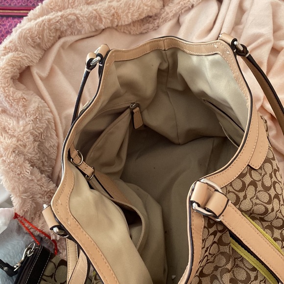 Coach purse. Signature Devin. Brown with blue and yellow stripe. - Picture 6 of 8